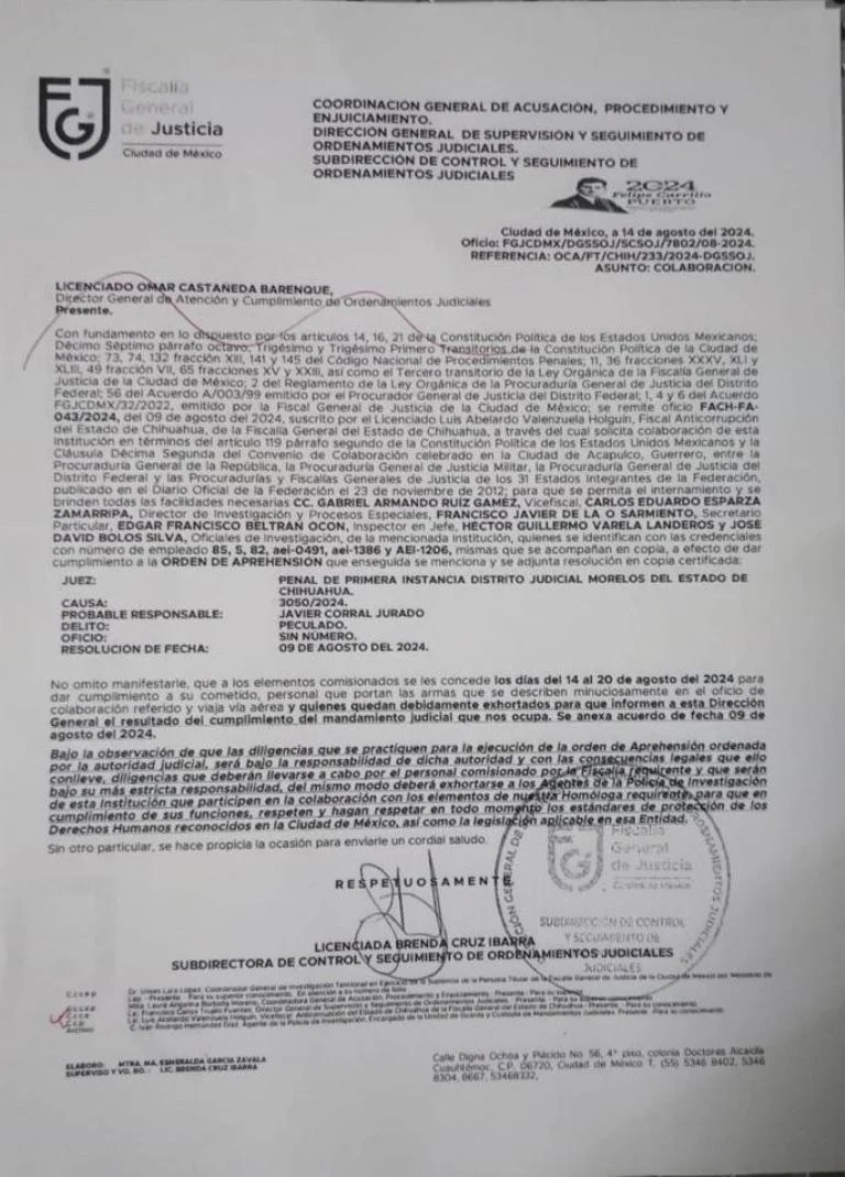 Documento desmiente versión de la Fiscalía de la CDMX; colaborarían en detención a Javier&nbsp;Corral