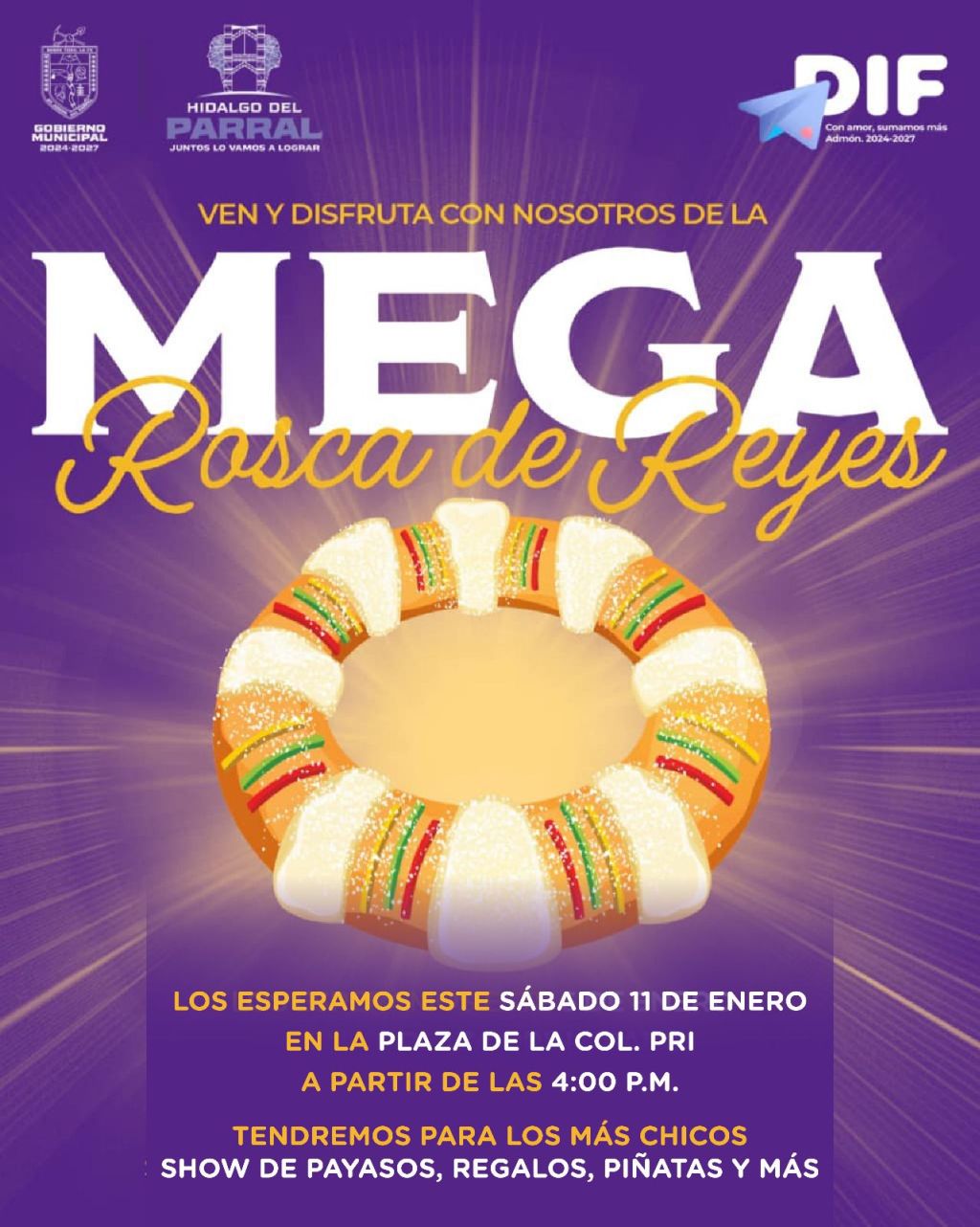 Invita el Gobierno de Parral a disfrutar de la tradicional Rosca de Reyes en la plaza de la colonia&nbsp;PRI