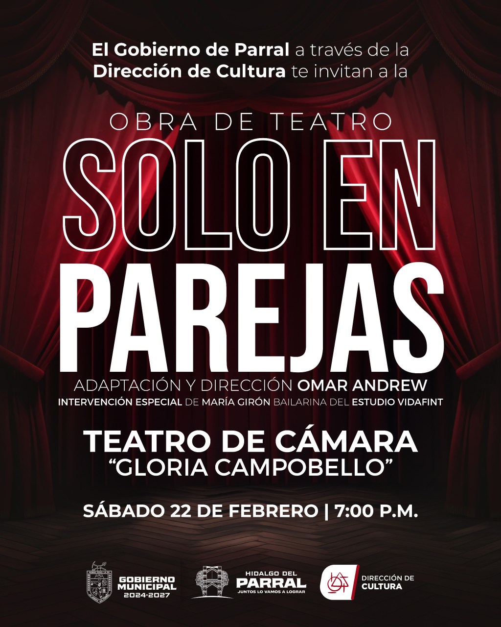 Invita el Gobierno de Parral a la obra de teatro “Solo en&nbsp;Parejas”.