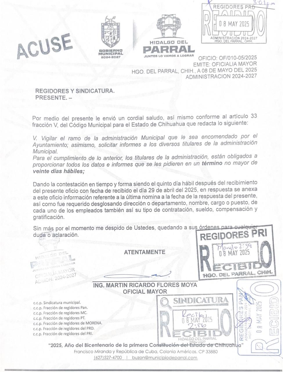 Gobierno transparente de Parral entrega información de nómina municipal a regidores y&nbsp;sindicatura