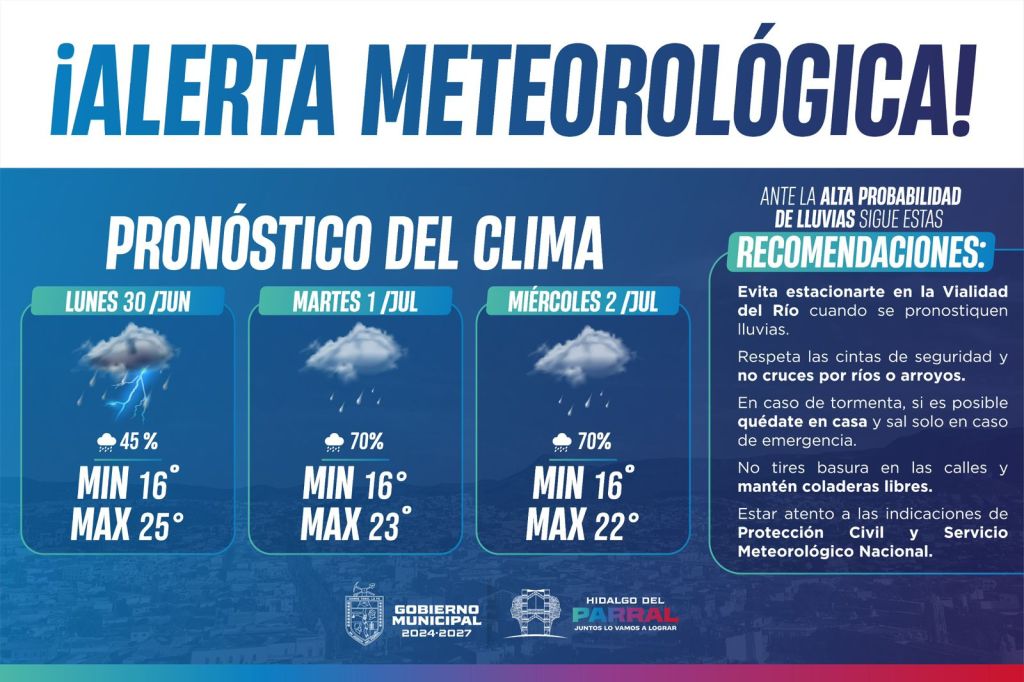 Emite el Gobierno de Parral alerta meteorológica ante pronóstico de&nbsp;lluvias
