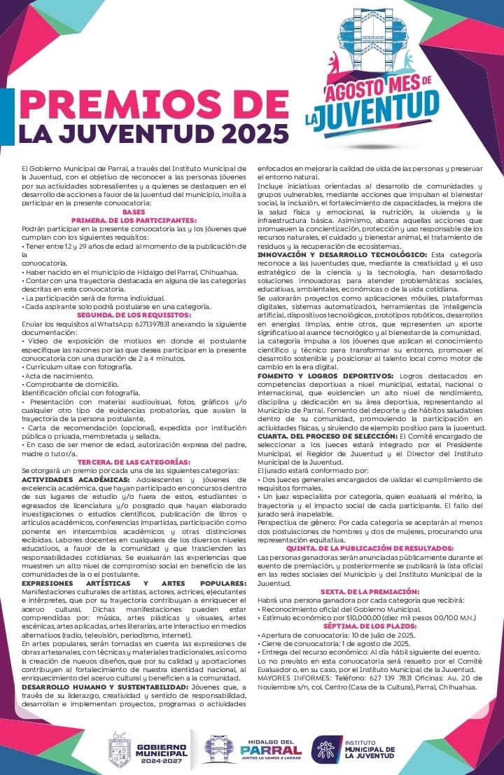 Convoca Gobierno de Parral a participar en los Premios de la Juventud&nbsp;2025