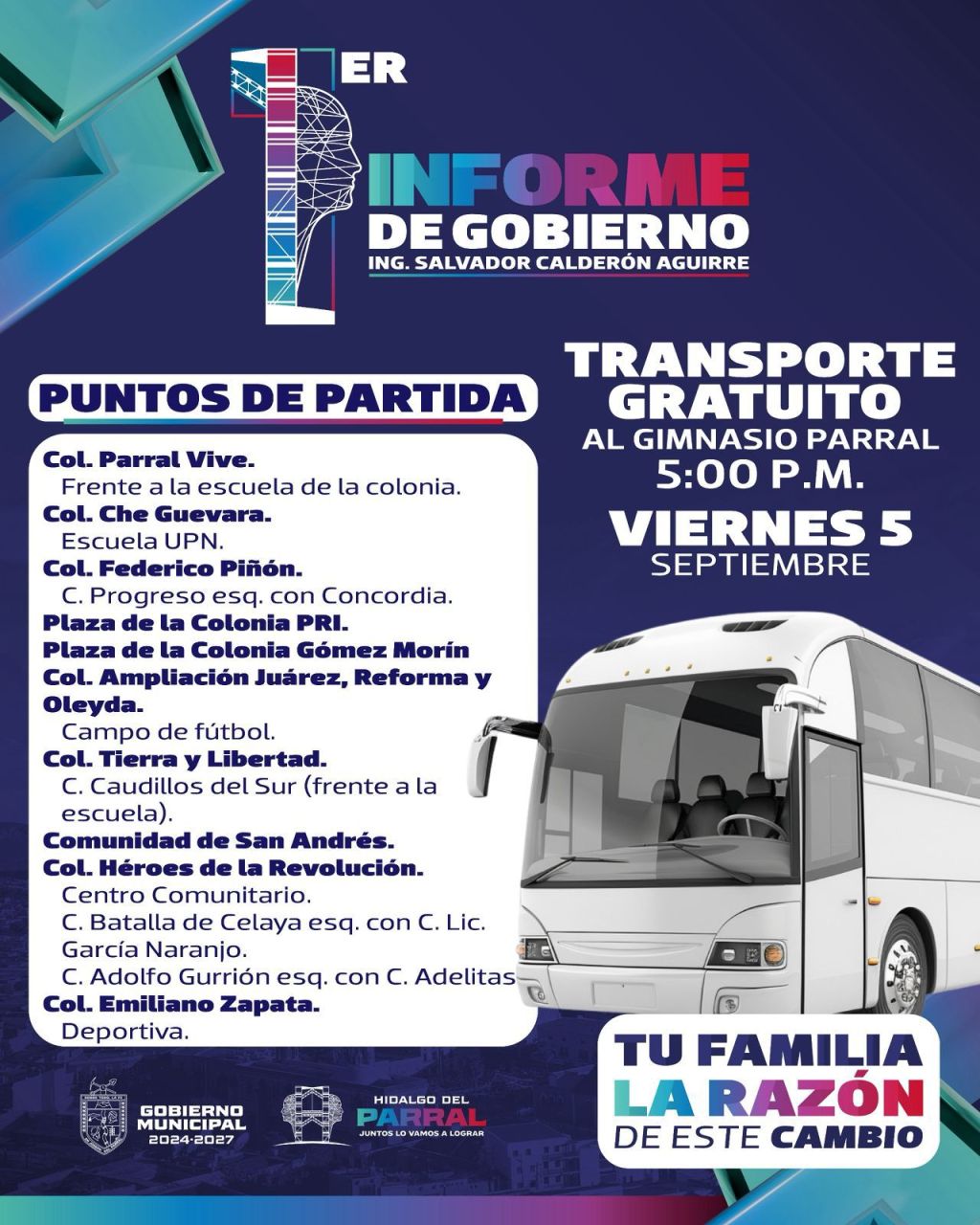 Transporte gratuito para asistir al Primer Informe de Gobierno del alcalde Salvador&nbsp;Calderón